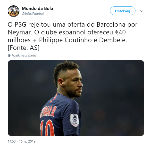 ''AS'' PSG WYŚMIAŁO pierwszą ofertę Barcelony za Neymara